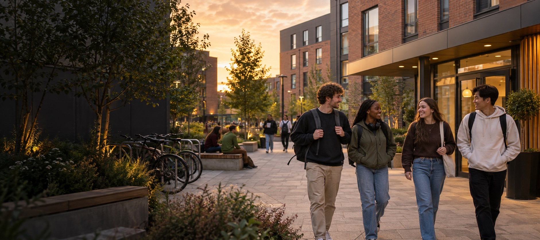 Students arriving at a modern landscaped student residence